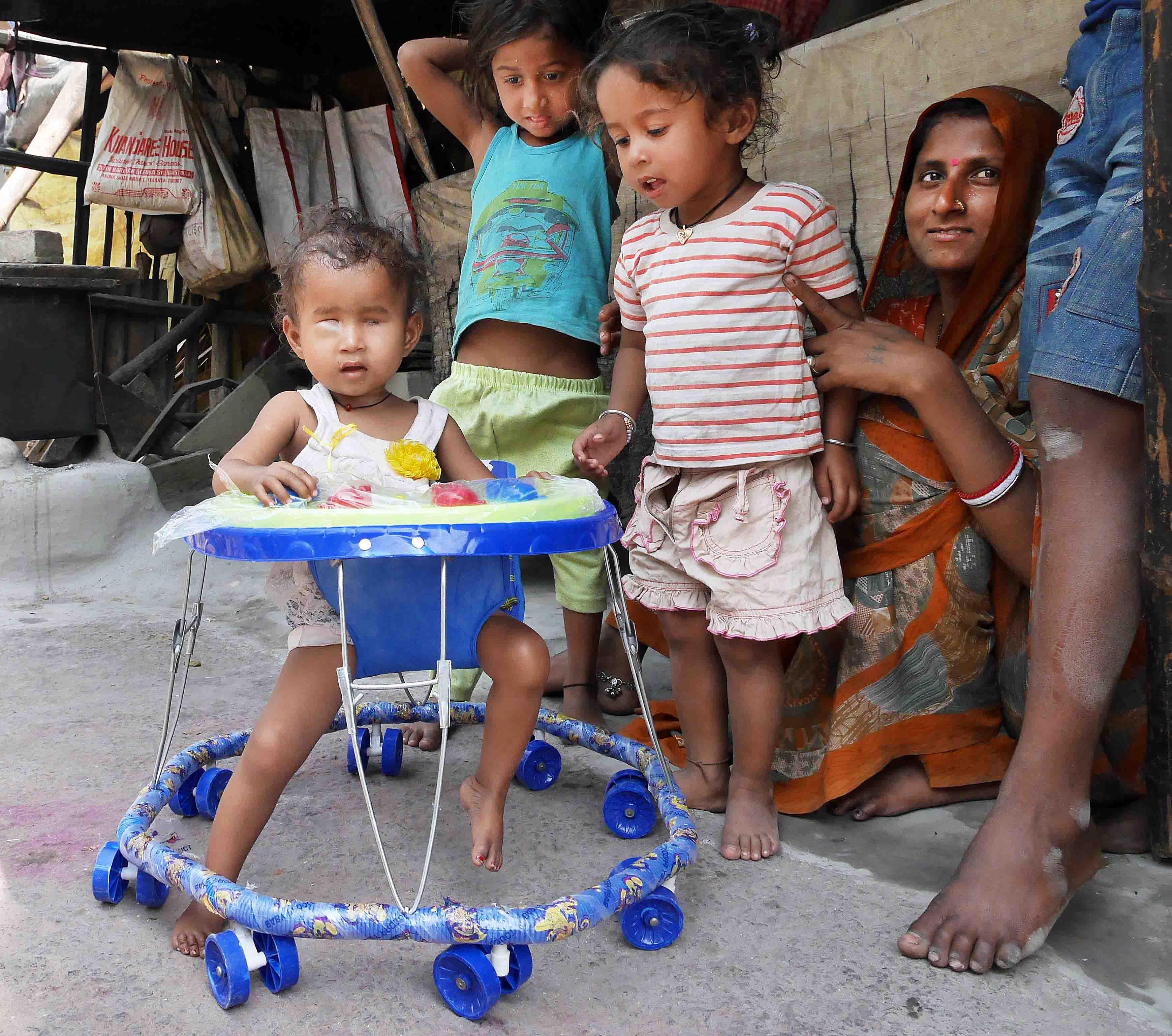 We bought a walker. Everyone was pleased, especially Jyoti who enjoyed the new independence and the noise-making buttons in front of her.